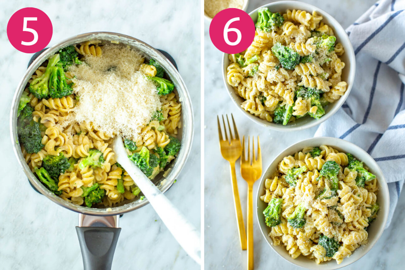 Steps 5 and 6 for making broccoli alfredo pasta: Stir in parmesan and heavy cream then serve and enjoy.
