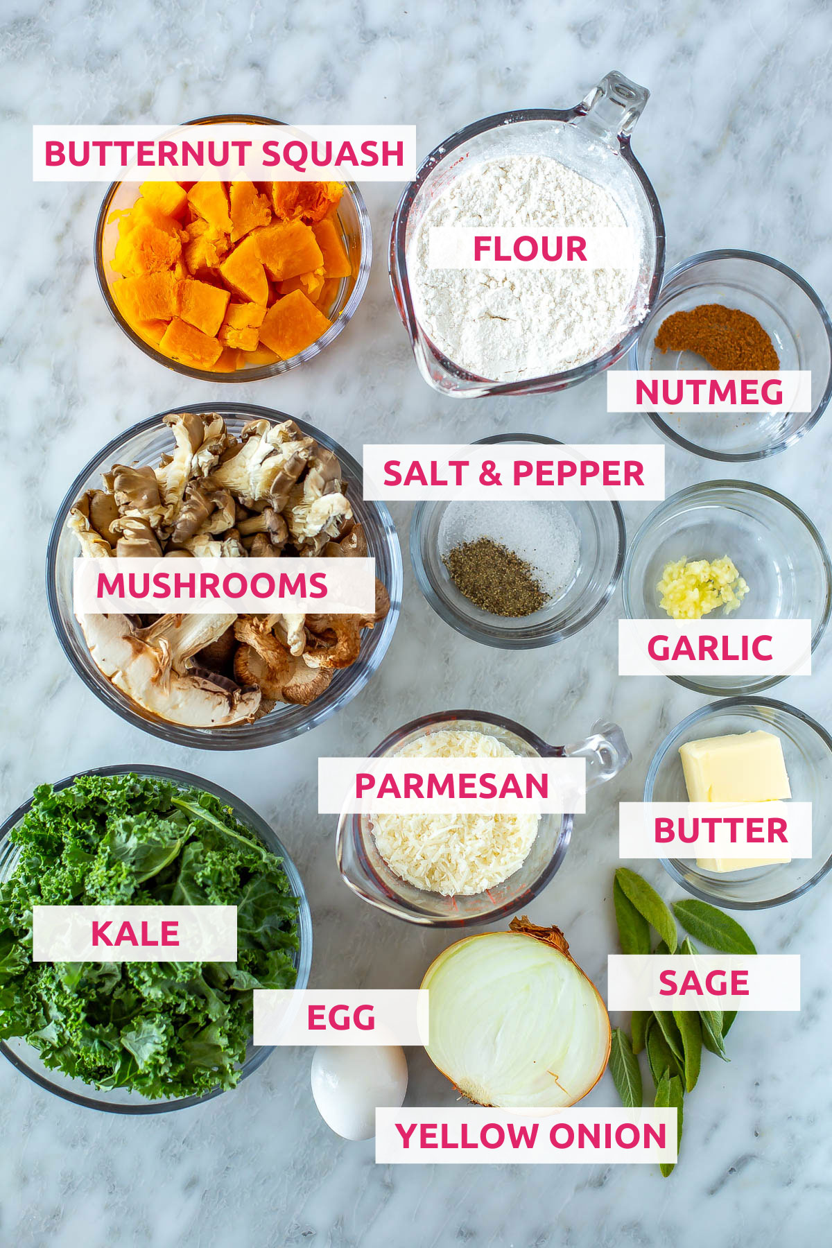 Ingredients for butternut squash gnocchi: butternut squash, flour, nutmeg, mushrooms, salt, pepper, garlic, parmesan, kale, egg, yellow onion, butter and sage.