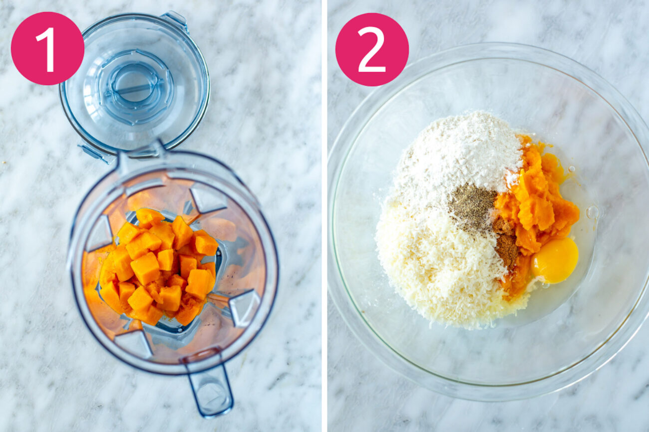 Steps 1 and 2 for making butternut squash gnocchi: Puree butternut squash and make gnocchi dough.