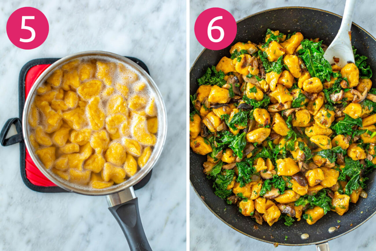 Steps 5 and 6 for making butternut squash gnocchi: Cooke gnocchi and toss with sauce and veggies.