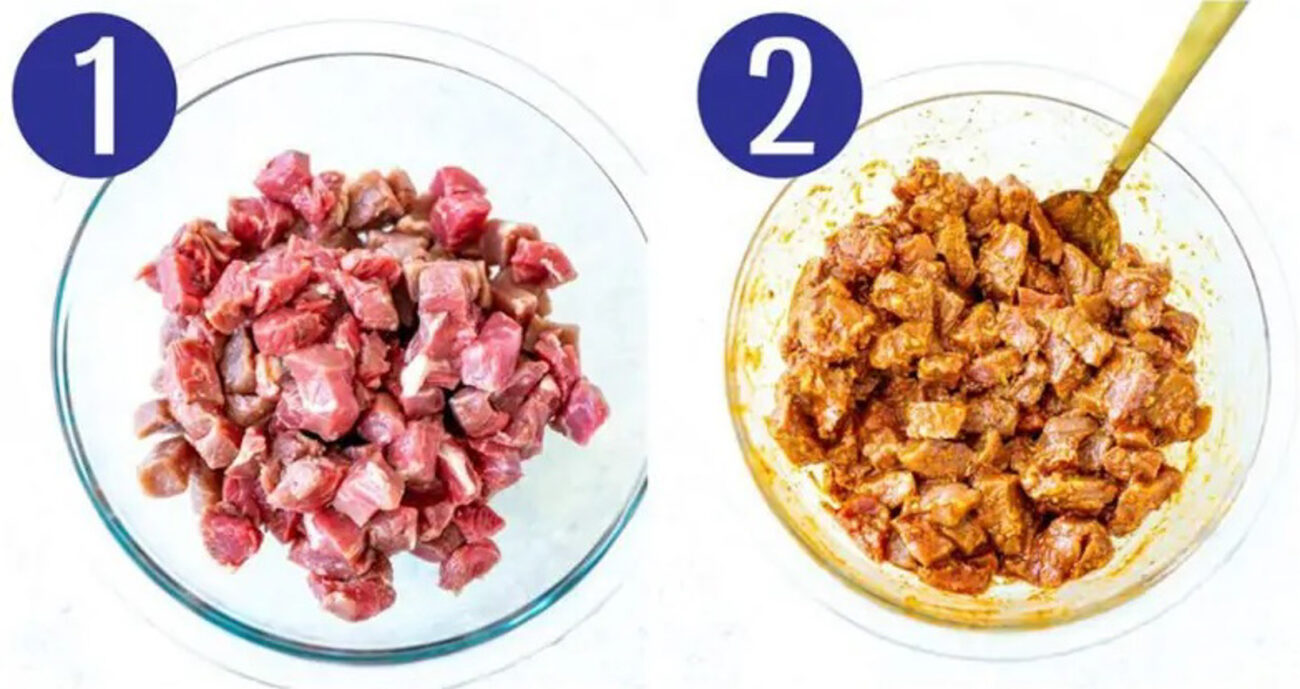 Steps 1 and 2 for making carne asada tacos: Cut steak and marinate it.
