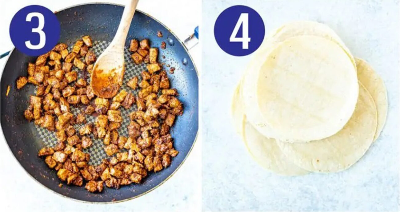 Steps 3 and 4 for making carne asada tacos: Saute steak and prep toppings.