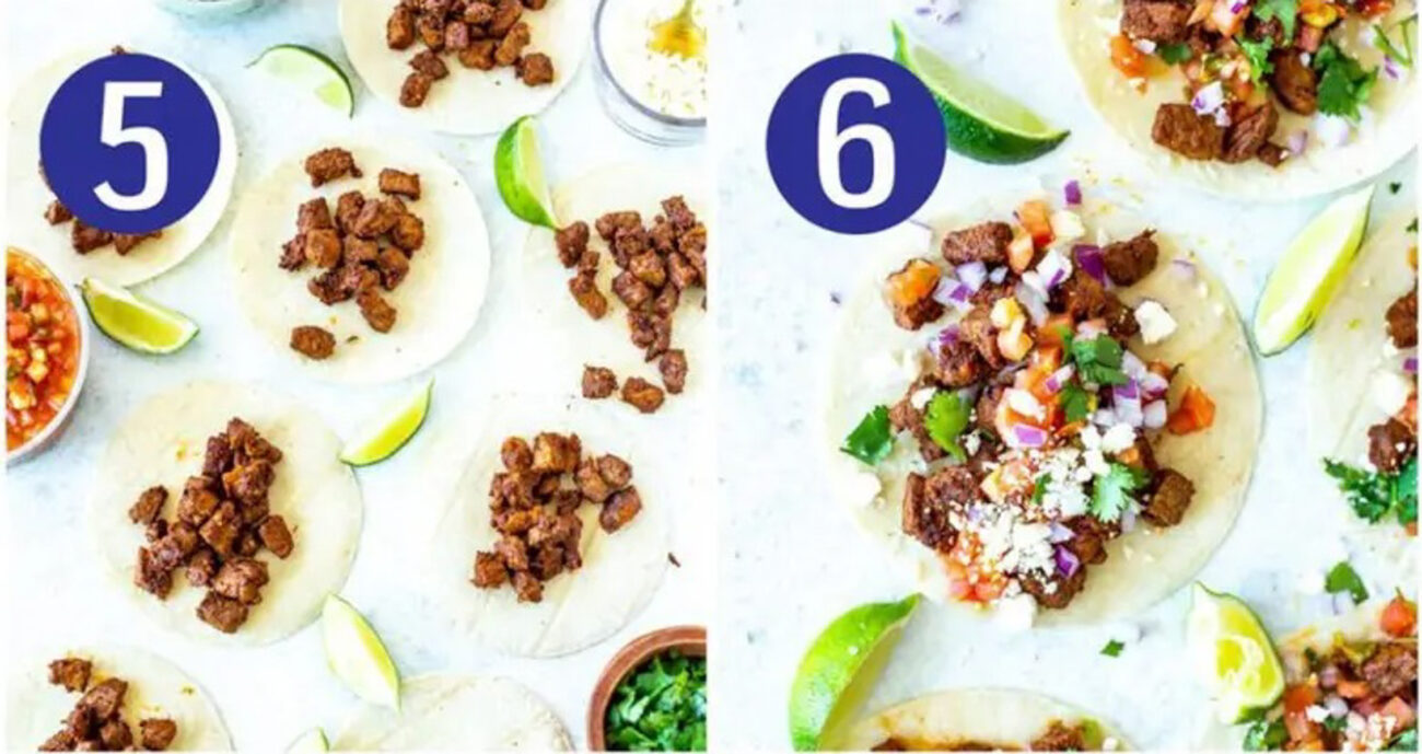Steps 5 and 6 for making carne asada tacos: Assemble tacos then serve and enjoy.