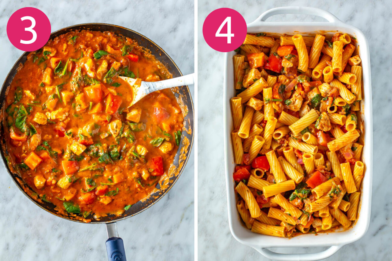 Steps 3 and 4 for making chicken pasta bake: Make the sauce and add everything to the baking dish.