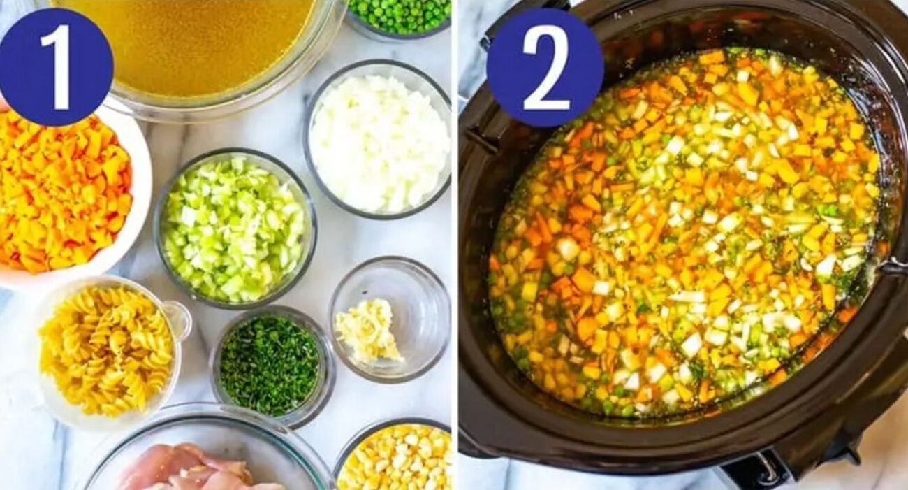 Steps 1 and 2 for making chicken noodle soup: Prep ingredients and cook everything in the crockpot.