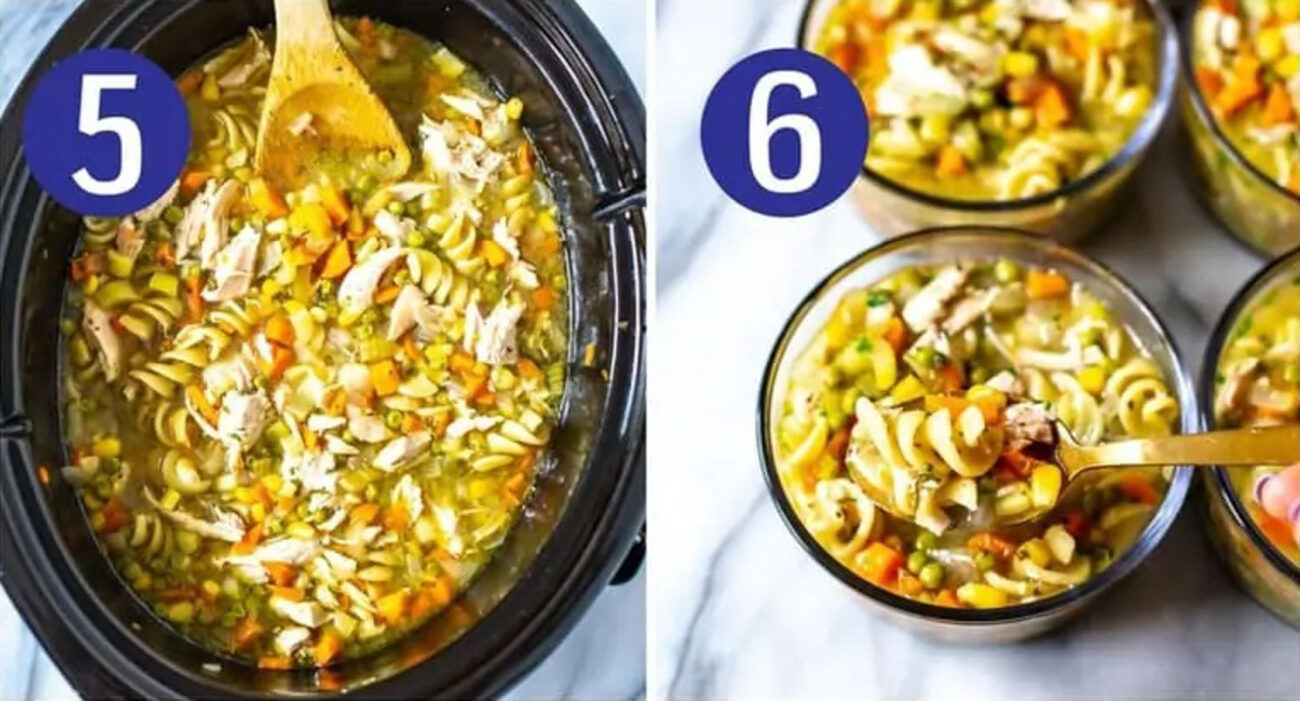 Steps 5 and 6 for making crockpot chicken noodle soup: Add in fresh herbs then serve and enjoy.