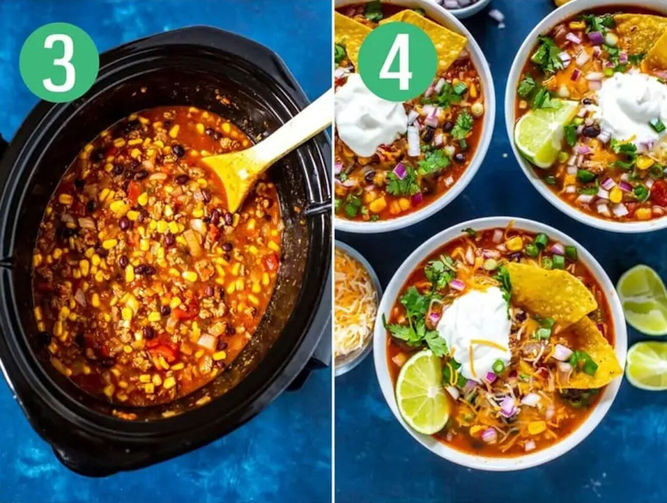 Steps 3 and 4 for making crockpot taco soup: Cook then serve.