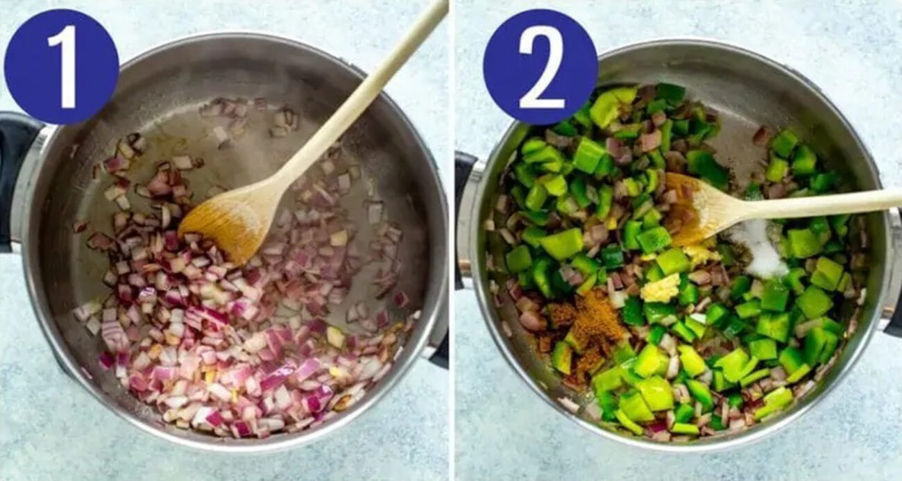 Steps 1 and 2 for making green chilis: Saute onions and add peppers.