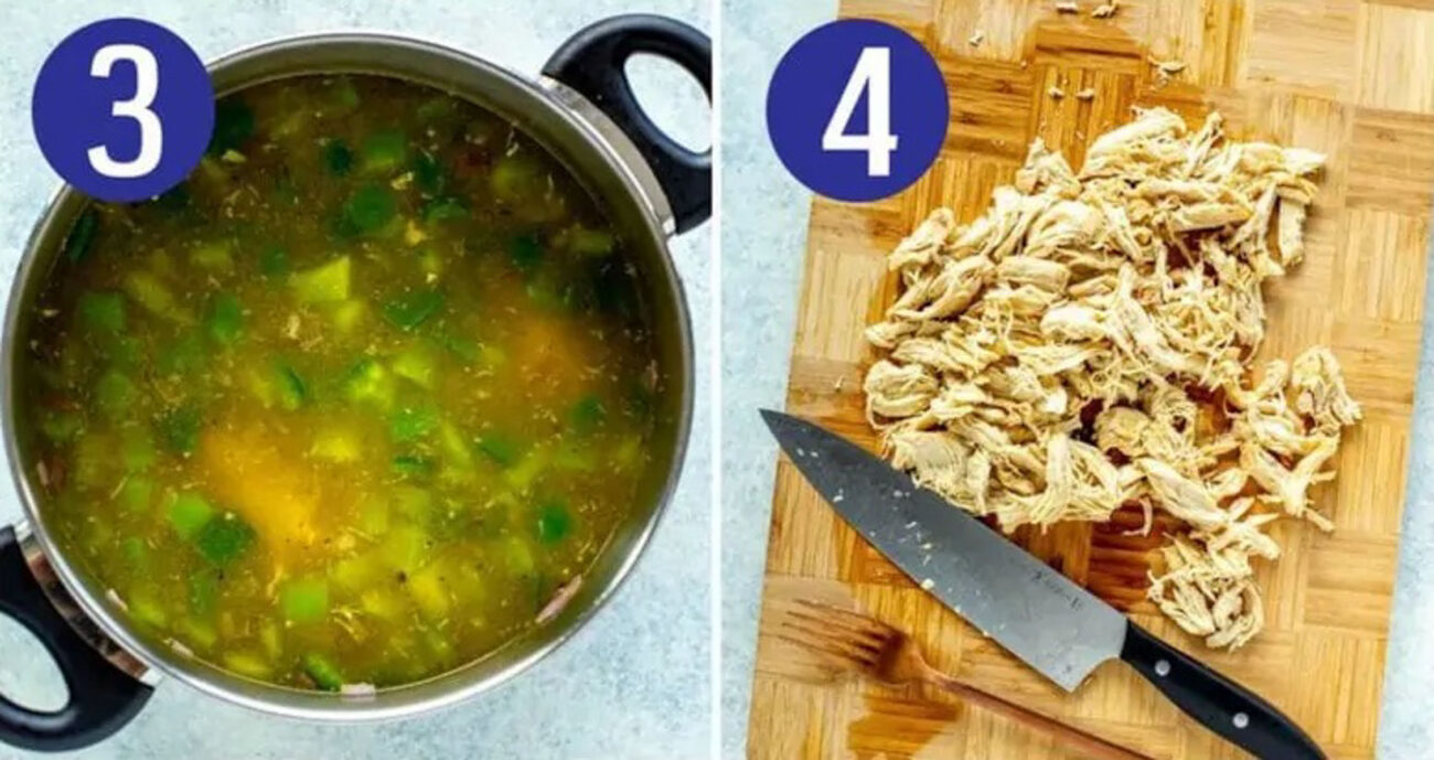Steps 3 and 4 for making green chili: Add in the rest of the ingredients and shred chicken.