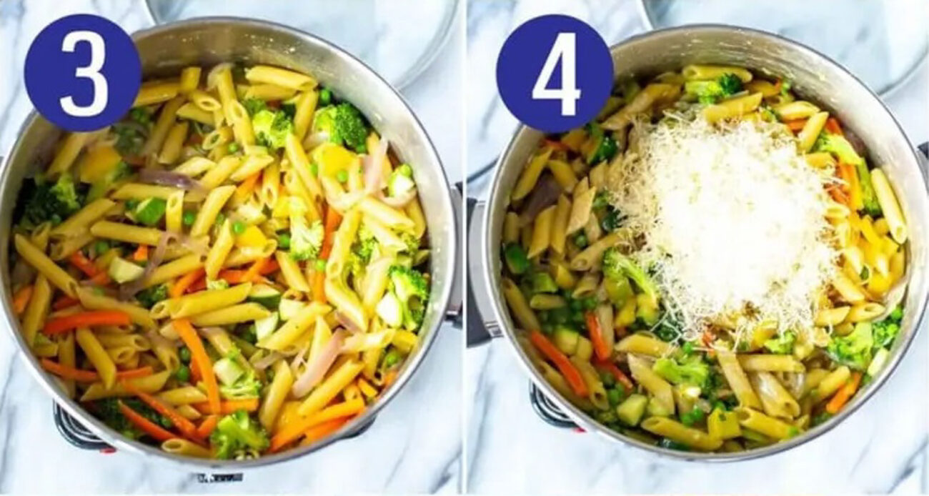 Steps 3 and 4 for making pasta primavera: Mix in veggies and add the rest of the ingredients.