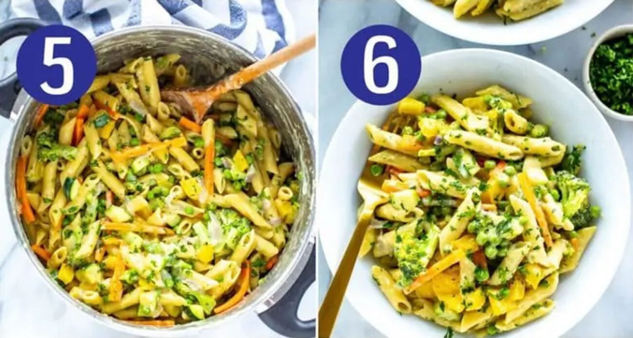 Steps 5 and 6 for making pasta primavera: Toss everything together and serve.