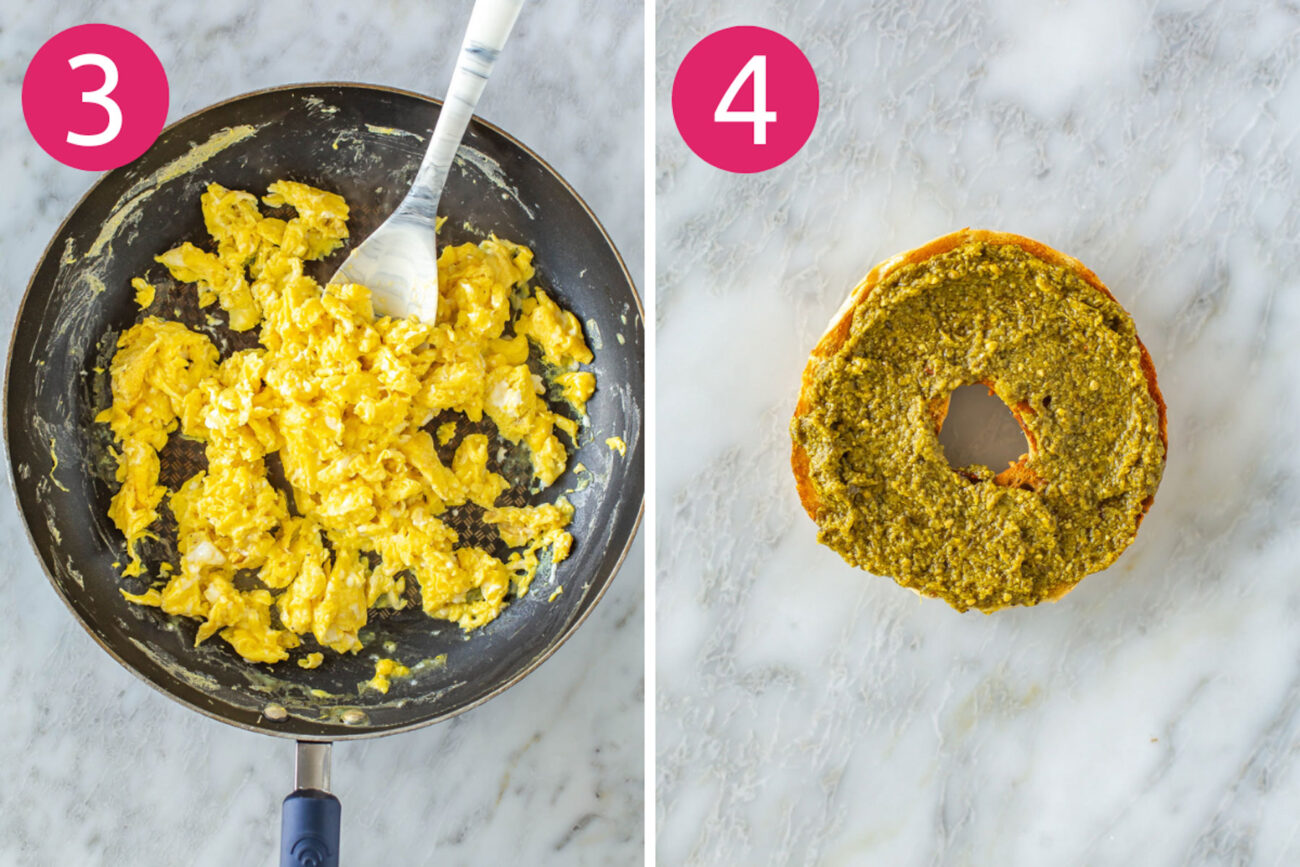 Steps 3 and 4 for making pesto breakfast bagel sandwiches: Scramble eggs and spread pesto on a toasted bagel.