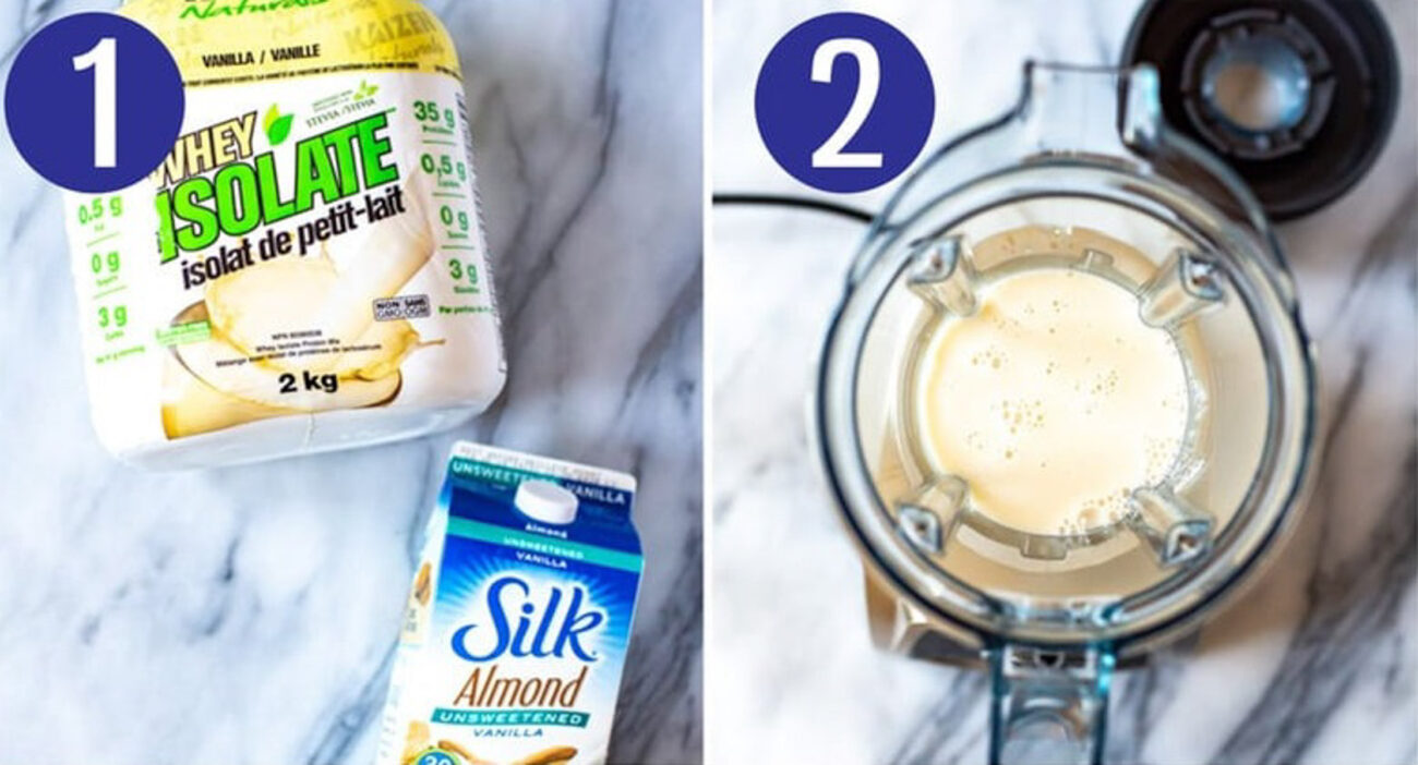 Steps 1 and 2 for making protein shakes: Assemble your ingredients and pour milk into blender.