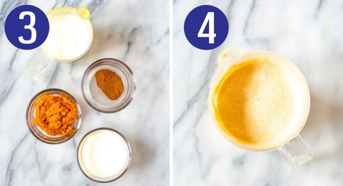 Steps 3 and 4 for making pumpkin cream cold brew: Assemble your ingredients and make pumpkin cream.