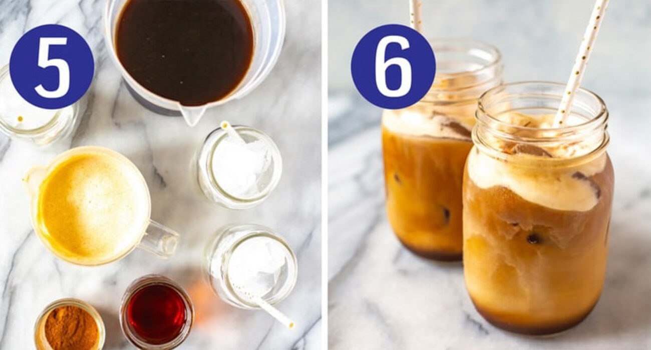 Steps 5 and 6 for making pumpkin cream cold brew: Add everything to a glass with ice then serve and enjoy.