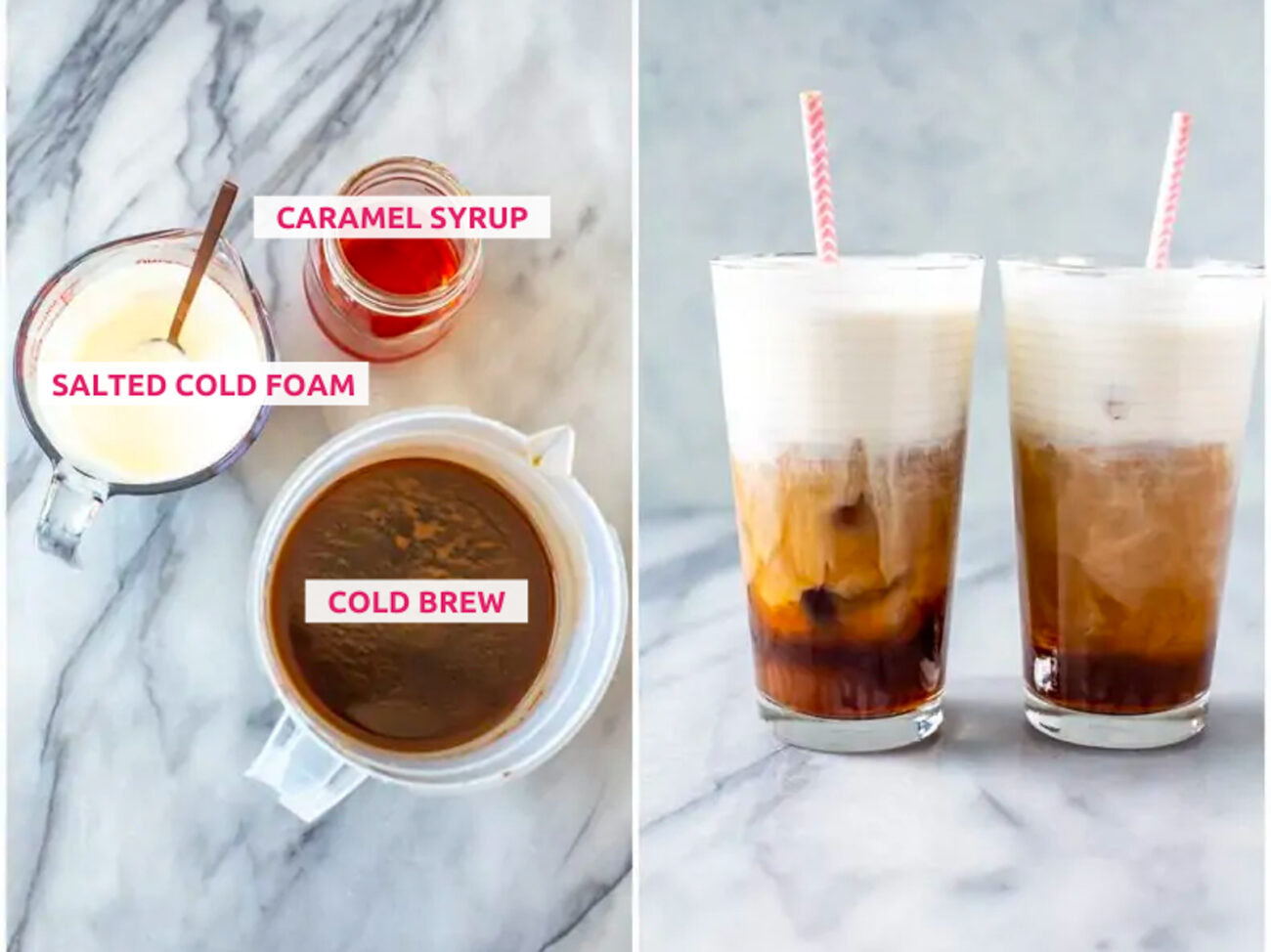 Ingredients for salted caramel cream cold brew: cold brew coffee, salted cold foam and caramel syrup.