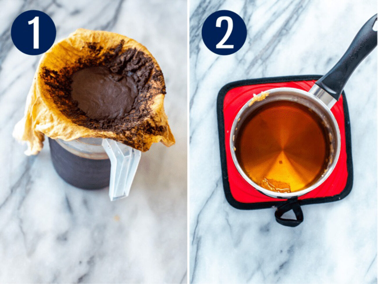 Steps 1 and 2 for making salted caramel cream cold brew: Make cold brew then make caramel syrup.