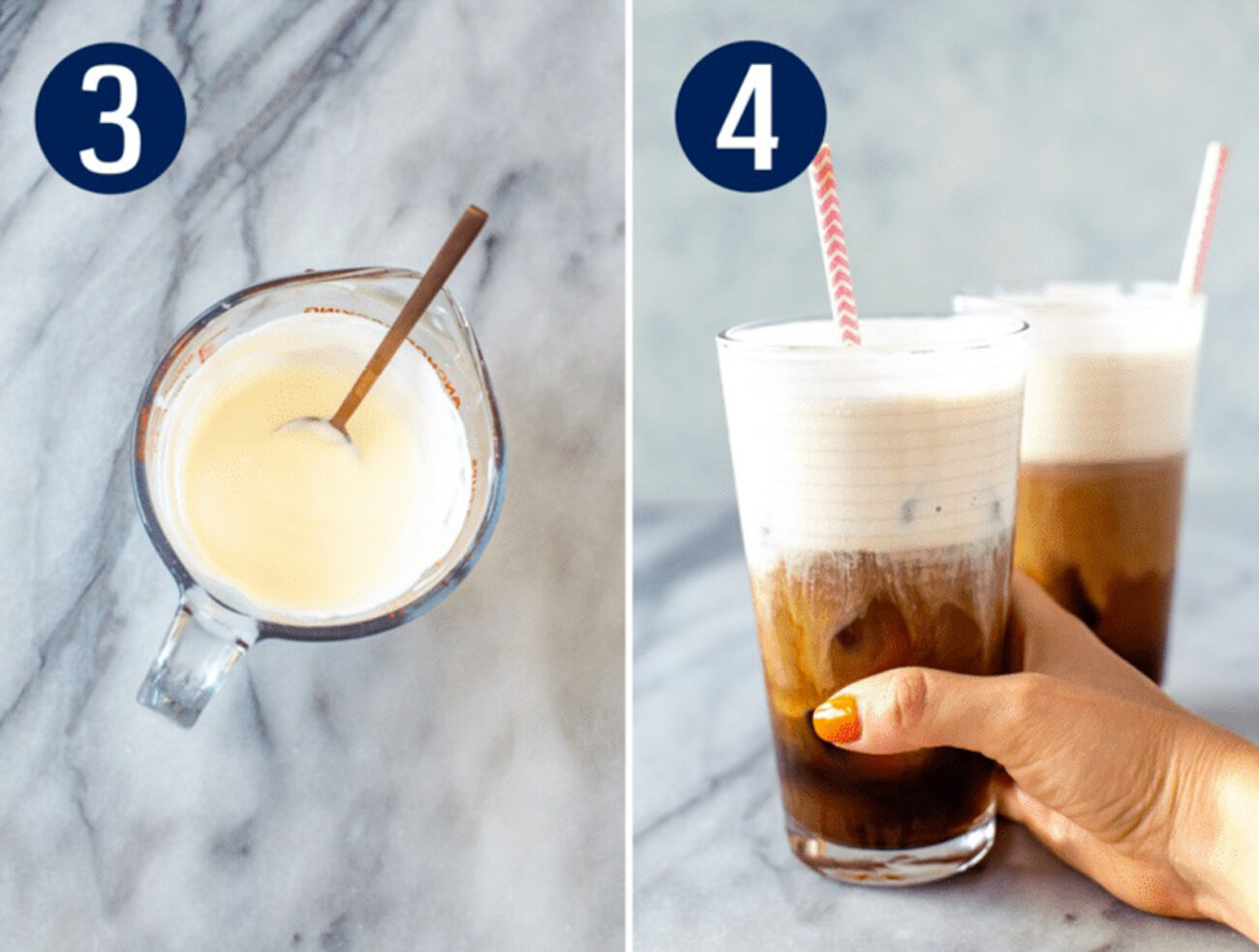 Steps 3 and 4 for making salted caramel cream cold brew: Make salted cold foam then assemble your drink and serve.
