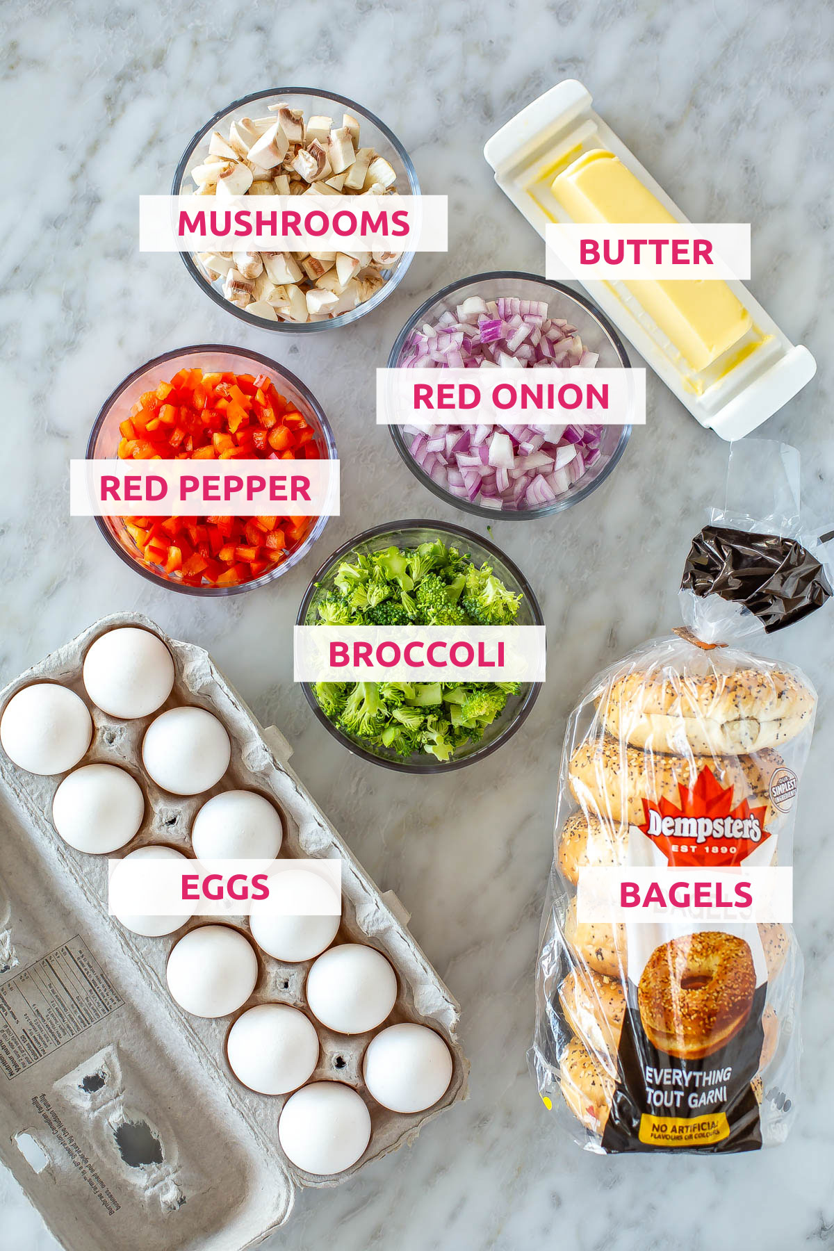 Ingredients for sheet pan eggs: Eggs, broccoli, red pepper, red onion, mushrooms, butter and bagels.