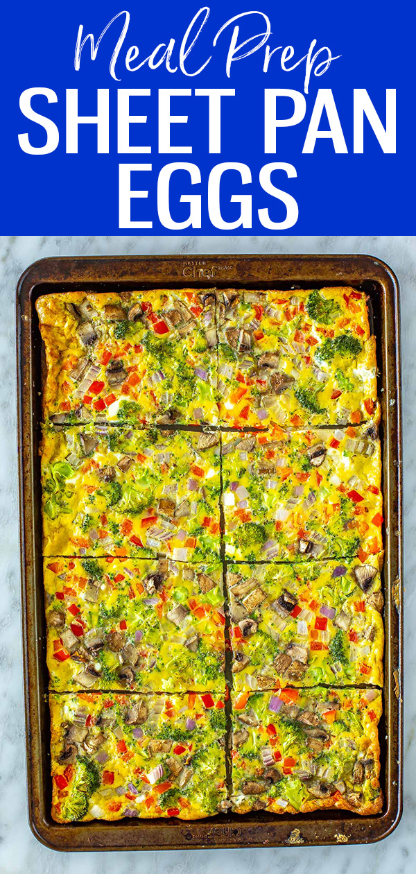 These Sheet Pan Eggs are a quick and easy way to meal prep breakfasts or feed a crowd! Customize them with your favourite veggies. #sheetpan #eggs #mealprep