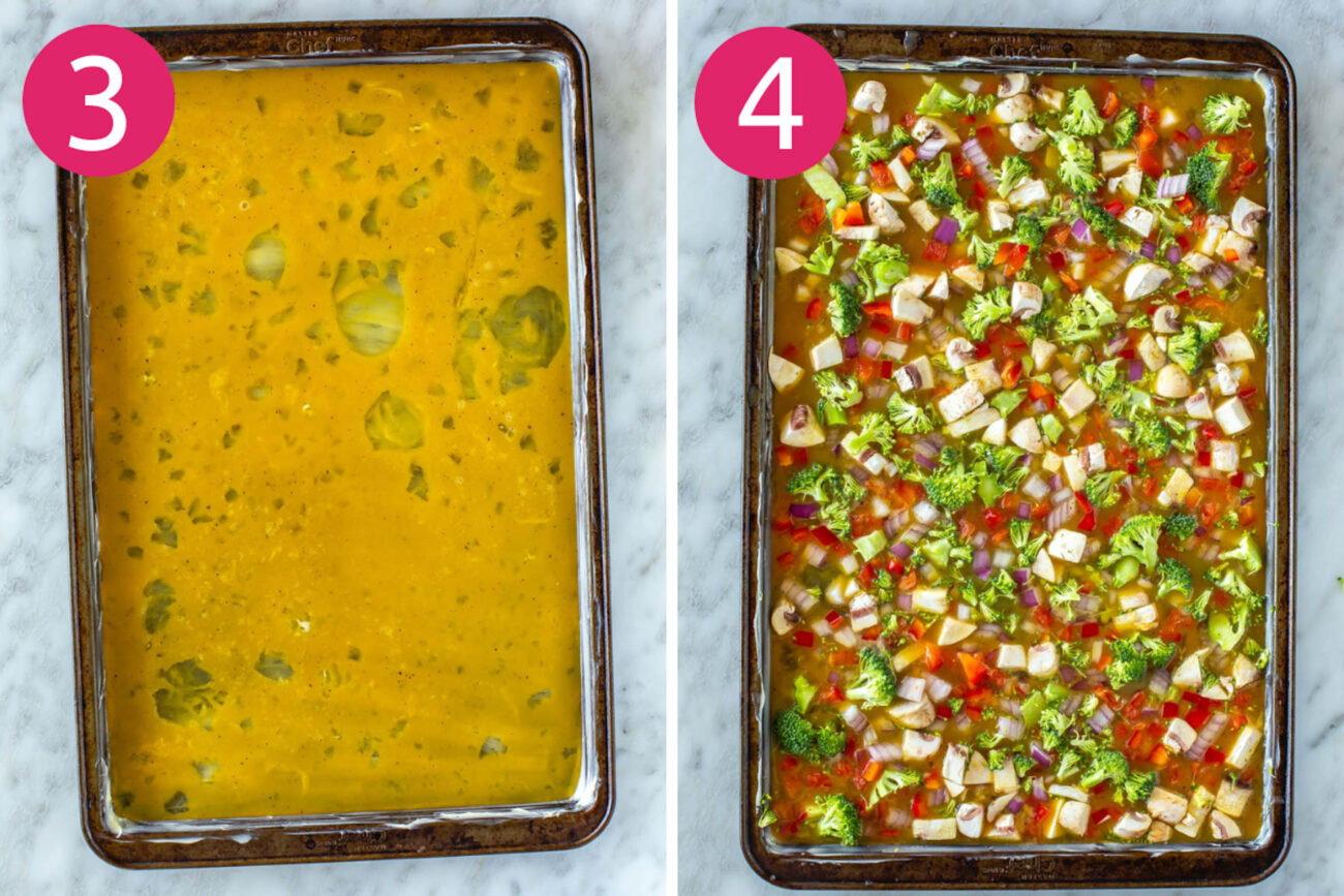 Steps 3 and 4 for making sheet pan eggs: Pour eggs into sheet pan then add toppings.