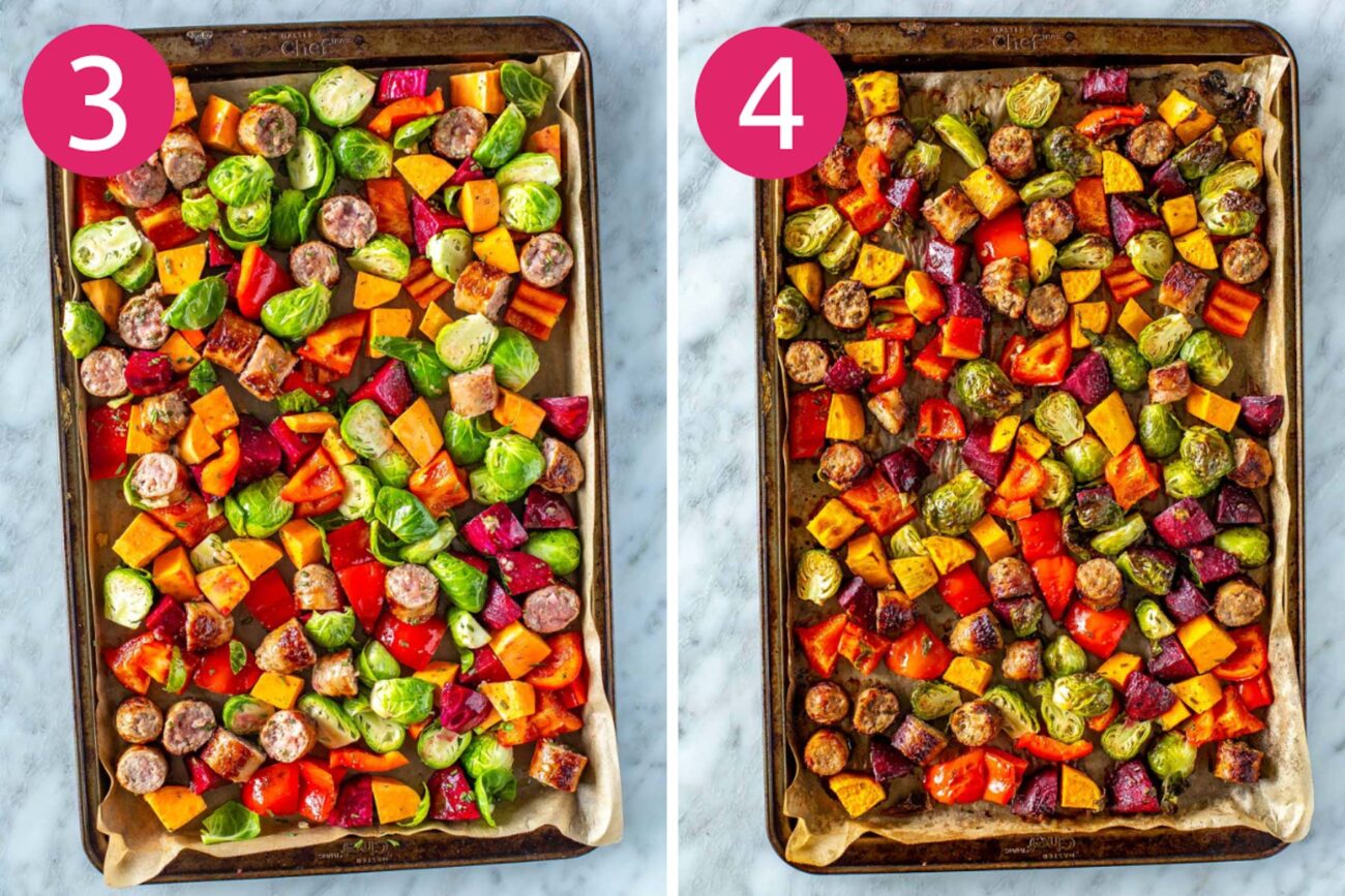 Steps 3 and 4 for making sheet pan sausage and vegetables: Add everything to sheet pan and cook. 