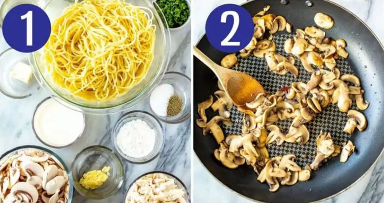 Steps 1 and 2 for making turkey tetrazzini: Cook the pasta and saute the mushrooms.