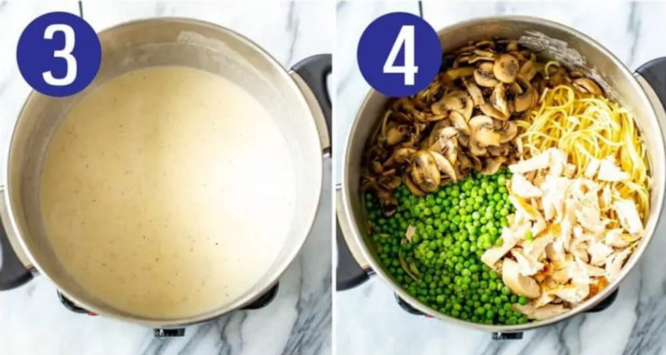 Steps 3 and 4 for making turkey tetrazzini: Make the sauce and add everything to the pot.