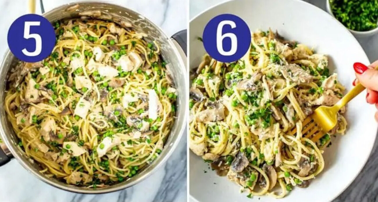 Steps 5 and 6 for making turkey tetrazzini: Toss to combine and serve and enjoy!