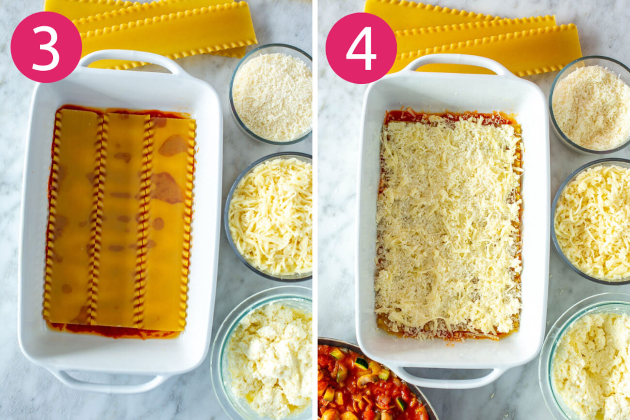 Steps 3 and 4 for making vegetarian lasagna: Layer sauce and noodles, then spread cheeses on top.