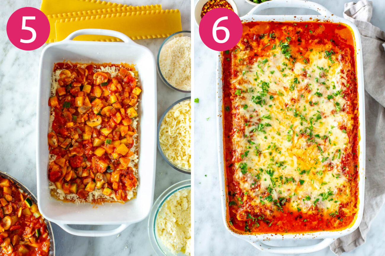 Steps 5 and 6 for making vegetarian lasagna: Add vegetables, repeat layers then bake. 