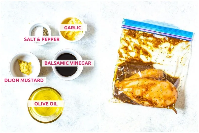 Ingredients for balsamic vinegar marinade: salt and pepper, garlic, balsamic vinegar, Dijon mustard, and olive oil