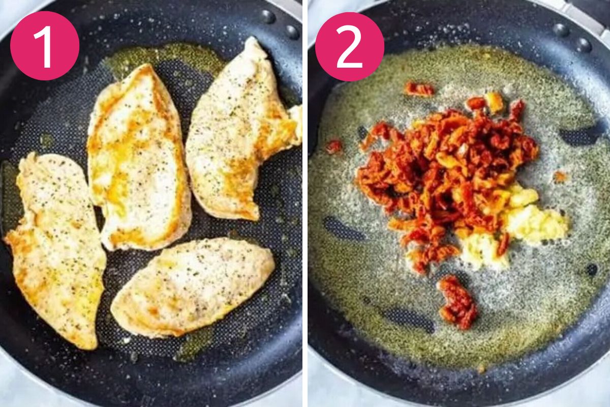 Steps 1 and 2 for making creamy basil chicken