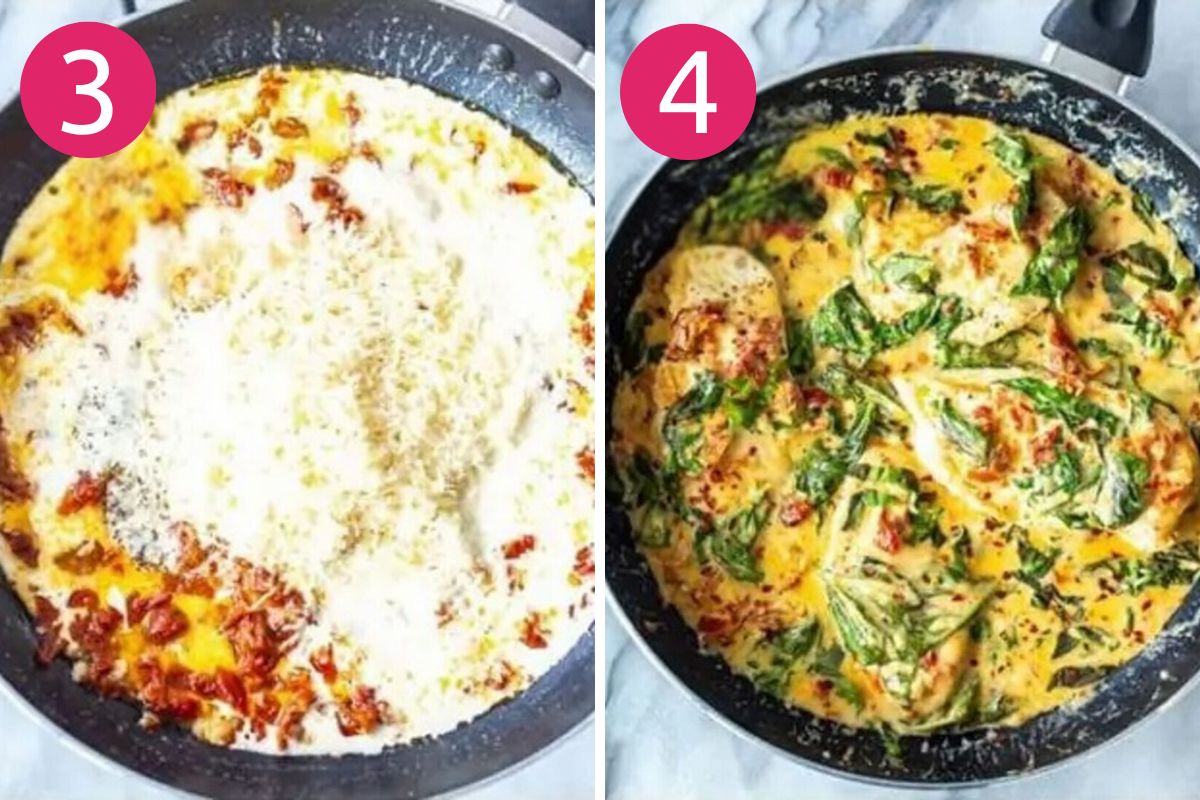 Steps 3 and 4 for making creamy basil chicken