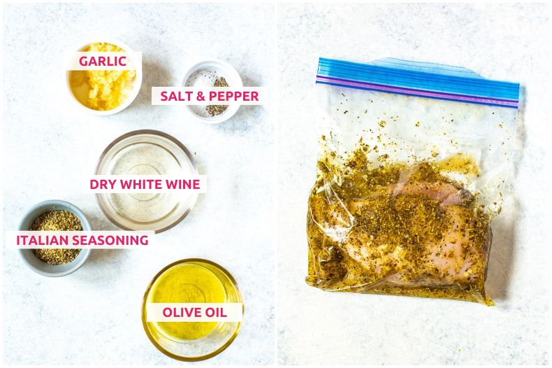 Ingredients for garlic herb marinade: garlic, salt and pepper, dry white wine, Italian seasoning, and olive oil