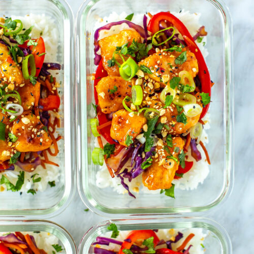 A close-up of a sweet chili chicken meal prep bowl.