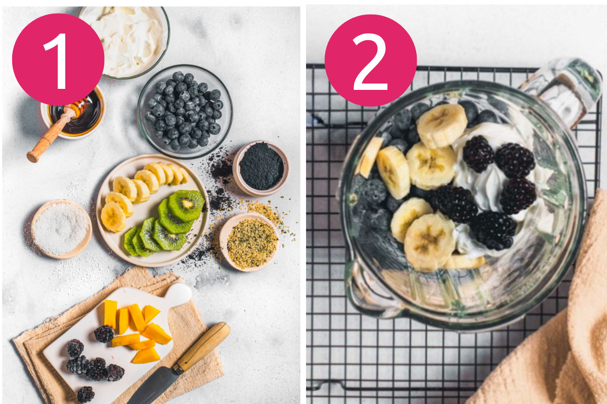 overhead shot of first 2 steps of making the best acai bowl