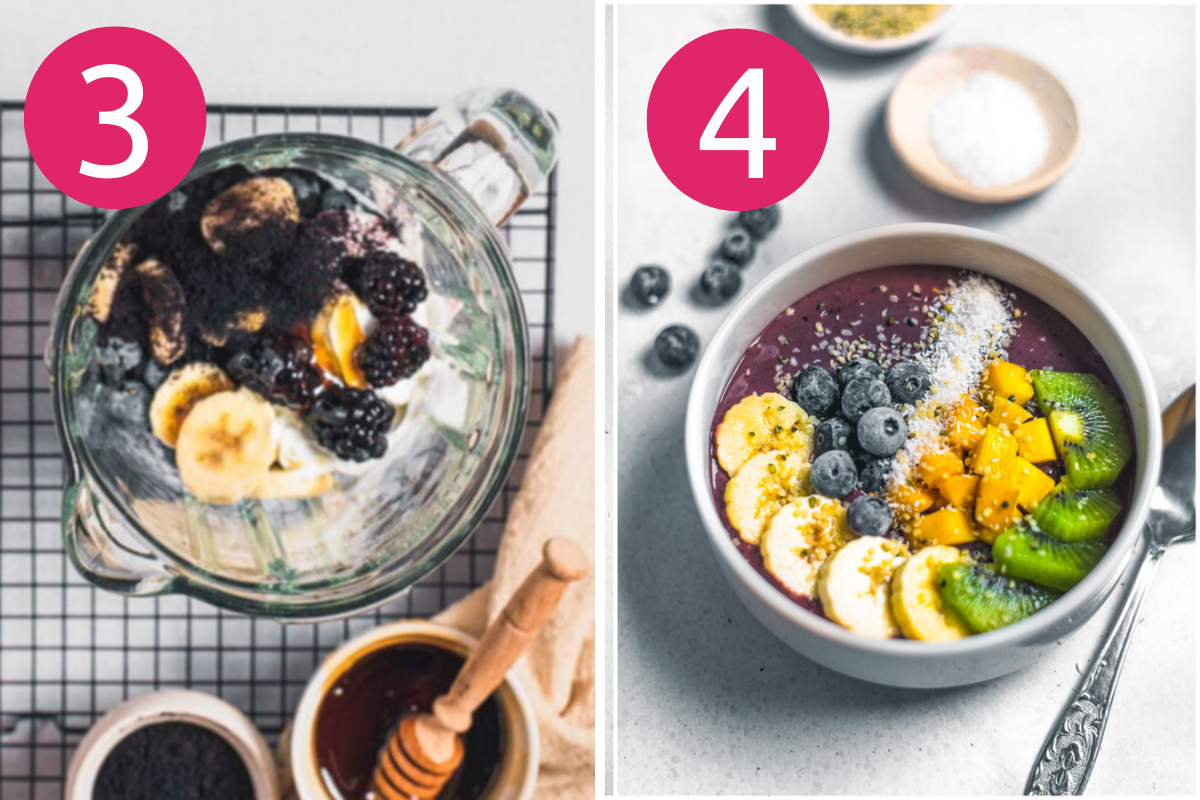 overhead shot of second 2 steps of making the best acai bowl