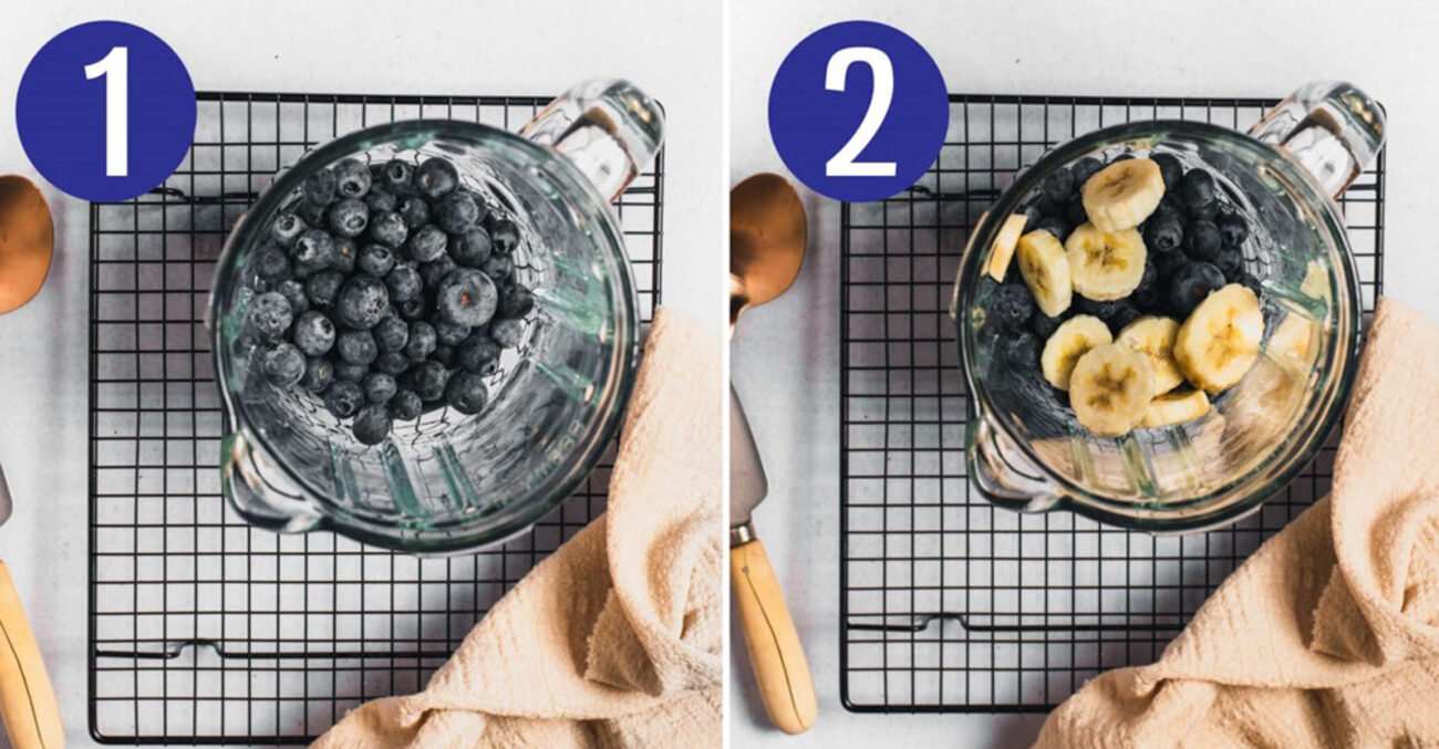 Step 1 and 2 for making acai bowls: Prep ingredients then add bananas and blueberries to blender.