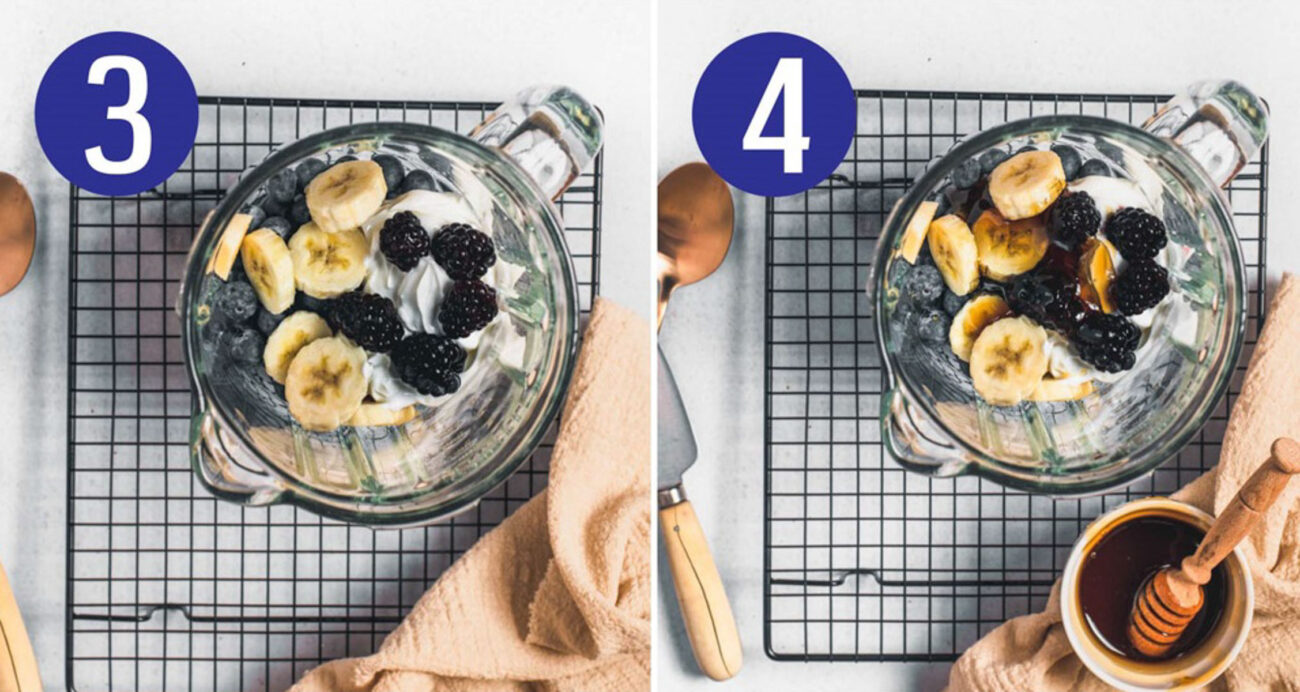 Steps 3 and 4 for making acai bowls: Add Greek yogurt and blackberries then drizzle on honey.