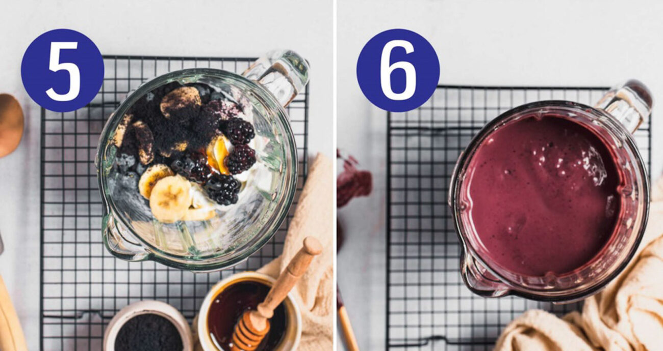 Steps 5 and 6 for making acai bowls: Blend until smooth then serve and enjoy.