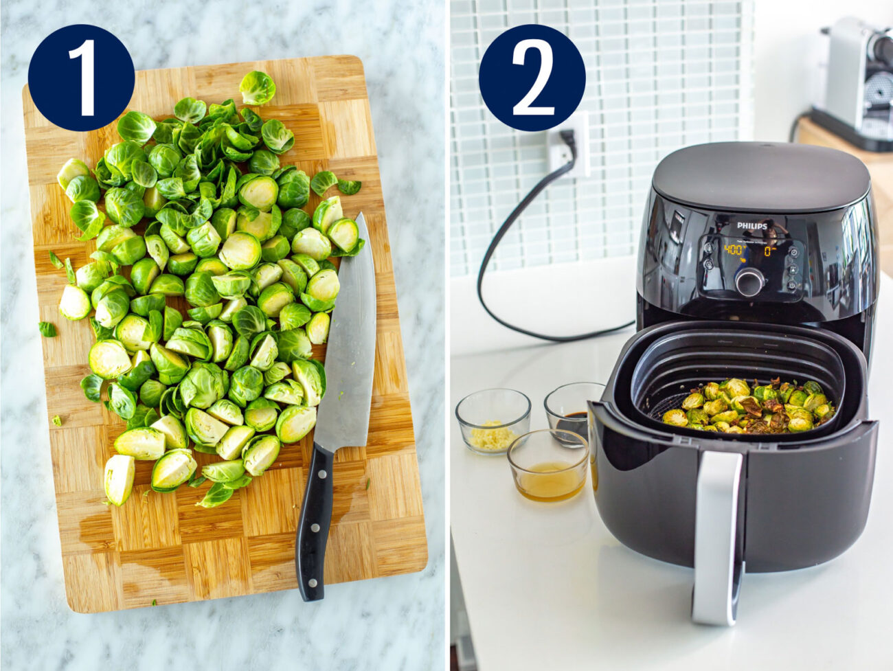 Steps 1 and 2 for making air fryer brussels sprouts: Prepare brussels sprouts and preheat air fryer.