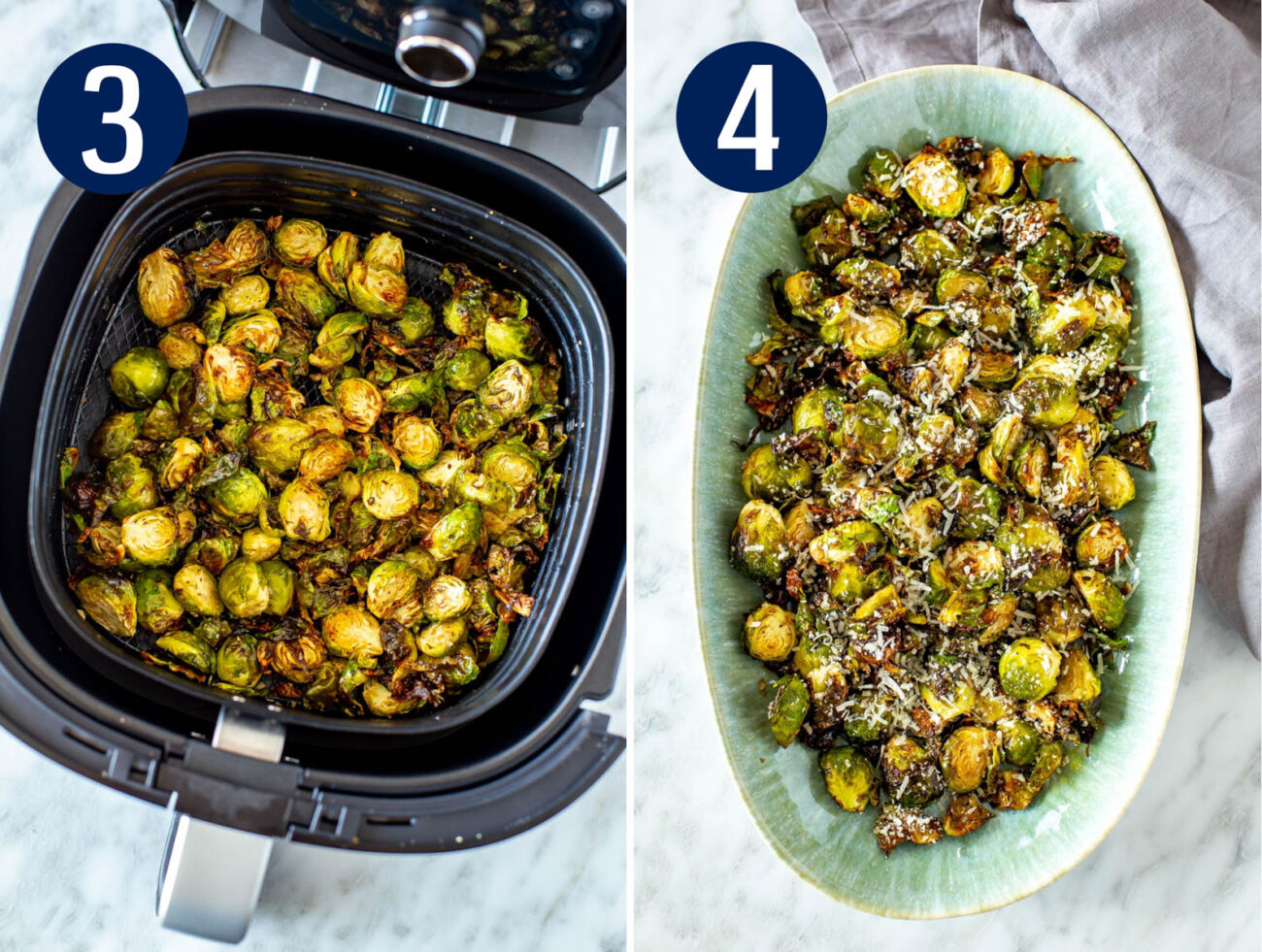 Steps 3 and 4 for making air fryer brussels sprouts: Air fry then toss with parmesan and serve.