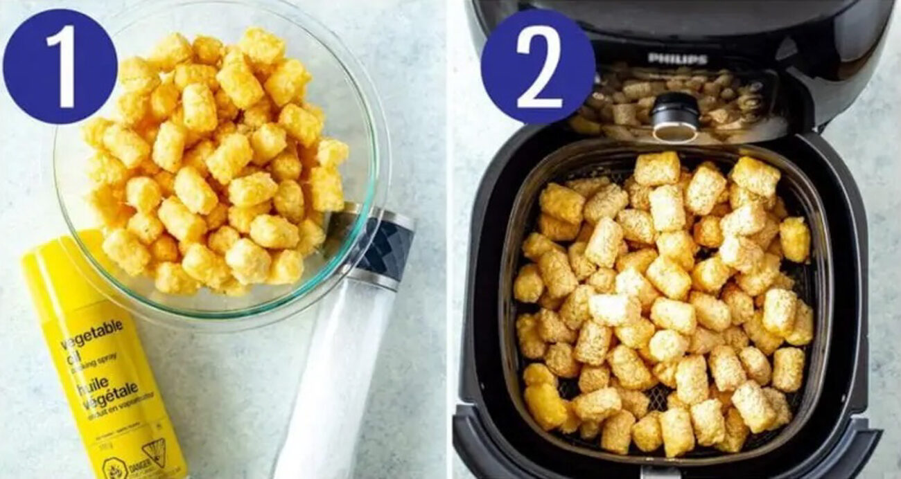Steps 1 and 2 for making air fryer tater tots: Season tater tots then cook in the air fryer.