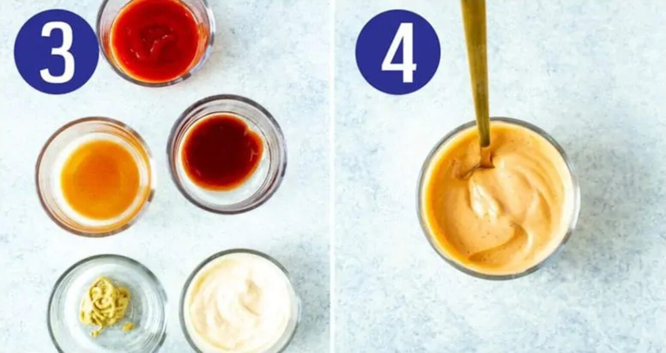 Steps 3 and 4 for making air fryer tater tots: Prep your dipping sauce ingredients then make your sauce.
