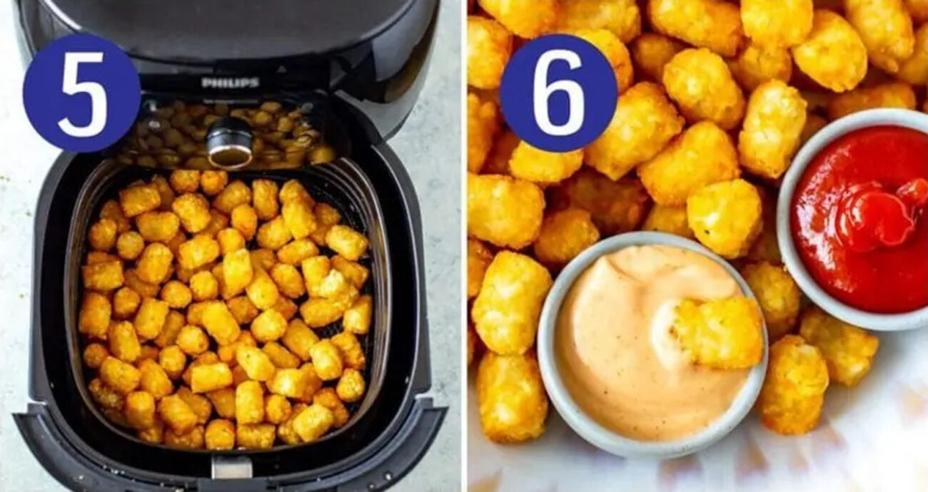 Steps 5 and 6 for making air fryer tater tots: Remove tater tots from air fryer and serve.