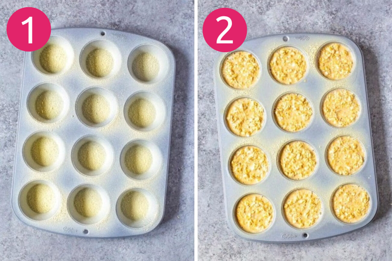 Steps 1 and 2 for making baked oatmeal cups: Make batter and grease muffin tin, add batter to muffin tin.