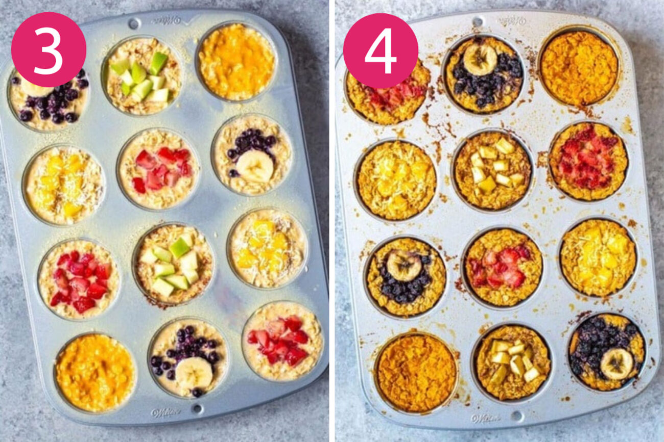 Steps 3 and 4 for making baked oatmeal cups: Add in toppings then bake.