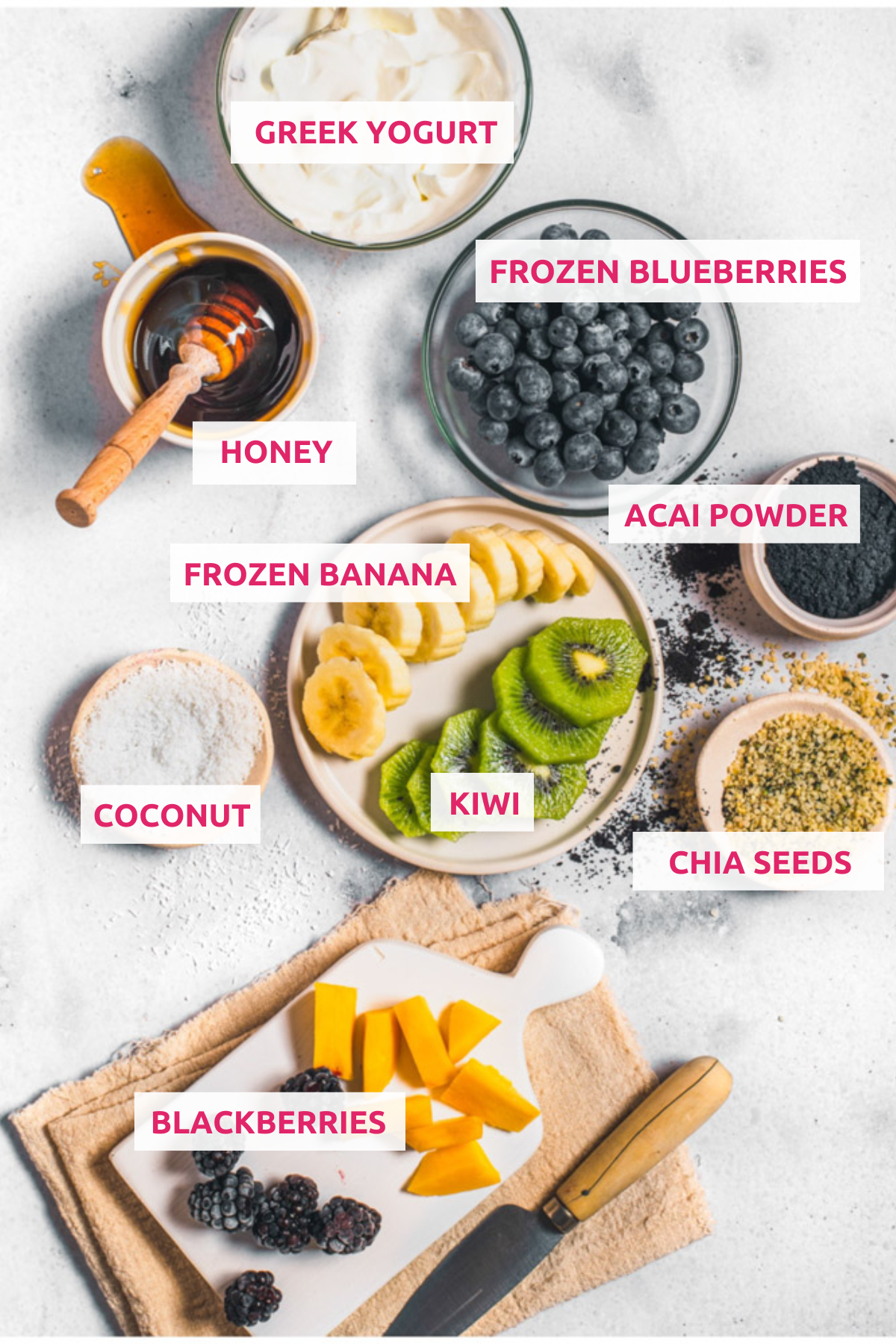 Overhead shot of the ingredients with labels best acai bowl recipe