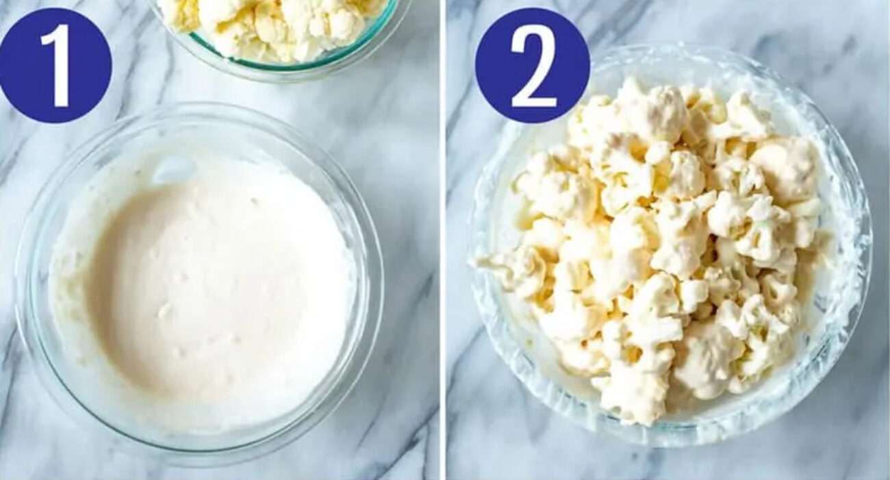 Steps 1 and 2 for making buffalo cauliflower: Combine flour, water and seasonings then toss cauliflower to coat.